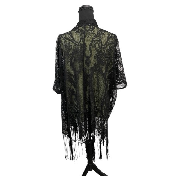 Emerette l Black Lace Kimono with Fringe l Size XL - Picture 3 of 6